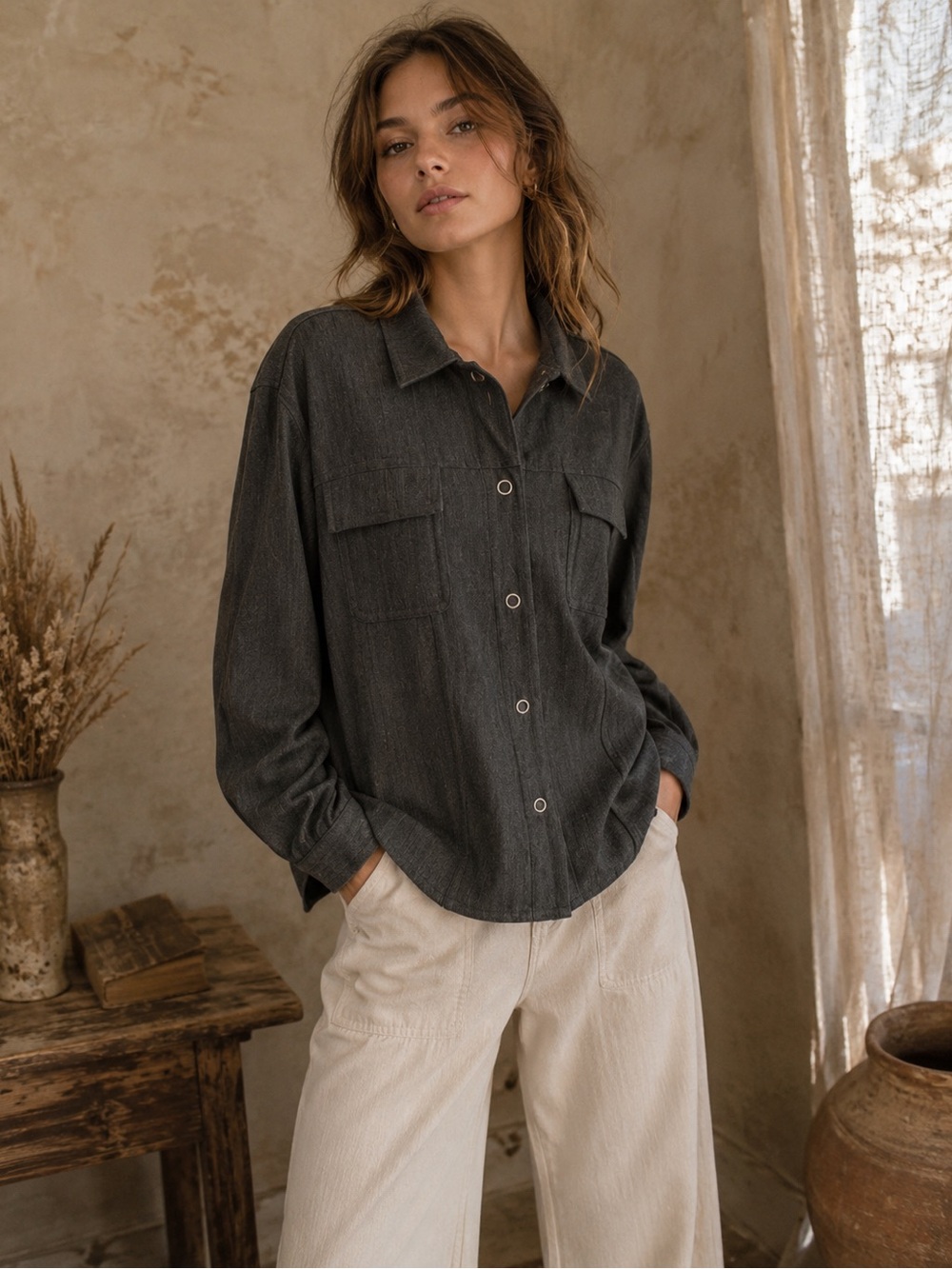 Vtg 90’s Chicos Dark Gray Oversized Snap Down Top Shirt Shacket Wednesday Addams